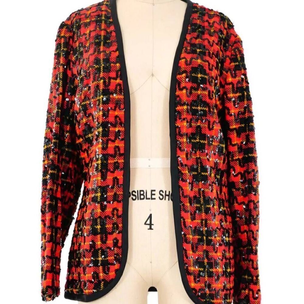 1960s Sequin Embellished Plaid Cardigan Blazer
